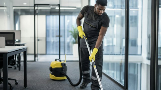 Cleaner vacuuming an office floor